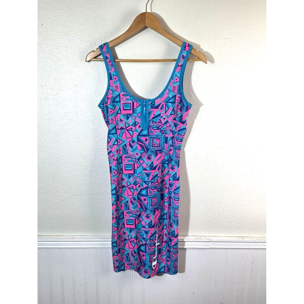 Champion MTV Active Dress Medium Retro 80s Neon Geometric Zip Front Bodycon